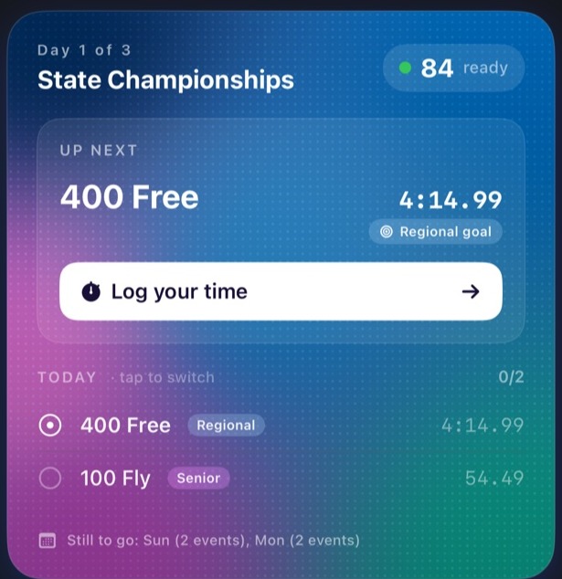 Race-day card in the app — today's readiness, the next event, its cut goal, and a log-your-time button
